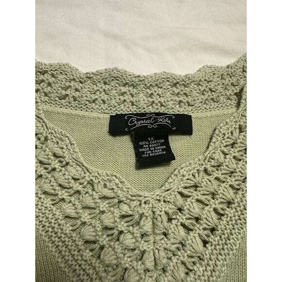 Crystal Kobe 1X Green Knit Sweater Top V-Neck Crochet Trim - Picture 2 of 6